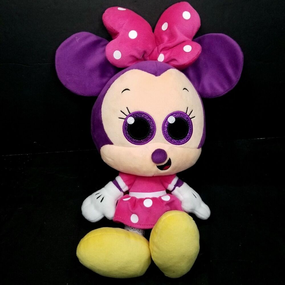 Disney Minnie Mouse Pink Purple Sparkle Glitter Eyes Plush Stuffed Animal 14"